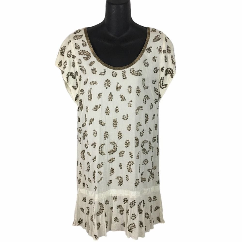French Connection White & Brass Bead Cotton Dress Size 4